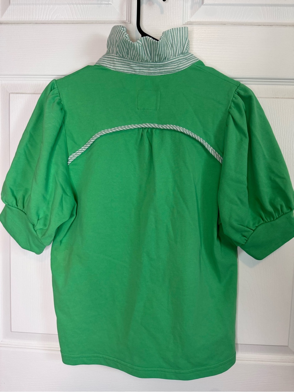 Umgee Bright Green Puff Sleeve Polo with Striped Ruffle Collar - Picture 4 of 6